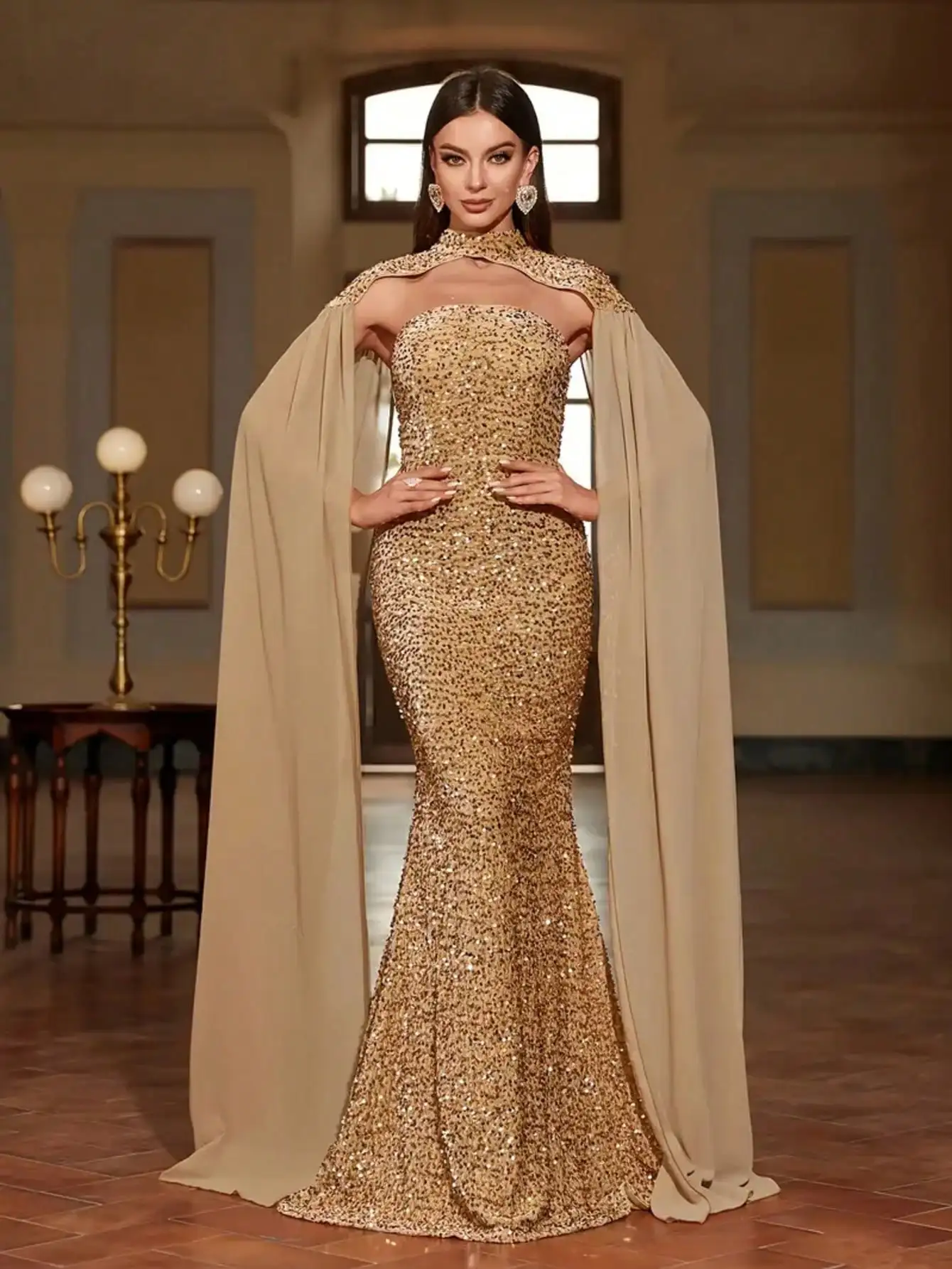 Sparkly Gold Sequin Mermaid Gown with Cape