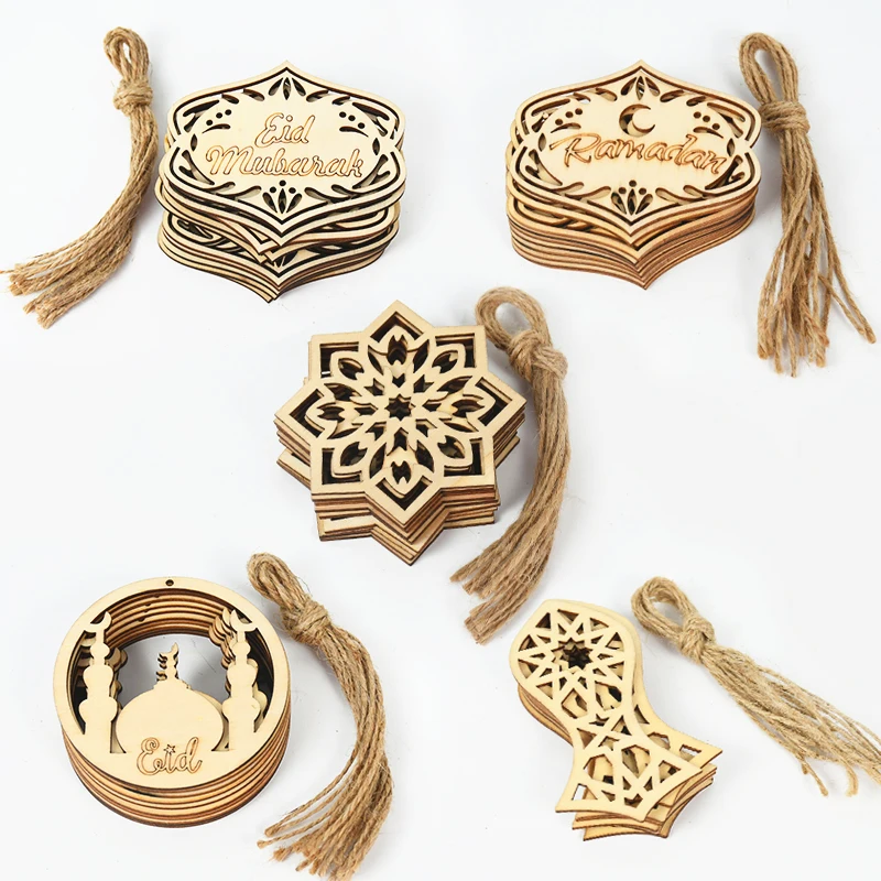 10Pcs Wooden Eid Mubarak Pendant Ornament For Islam Muslim Featival Party Home Decoration Ramadan Kareem Gifts Eid Al Adha