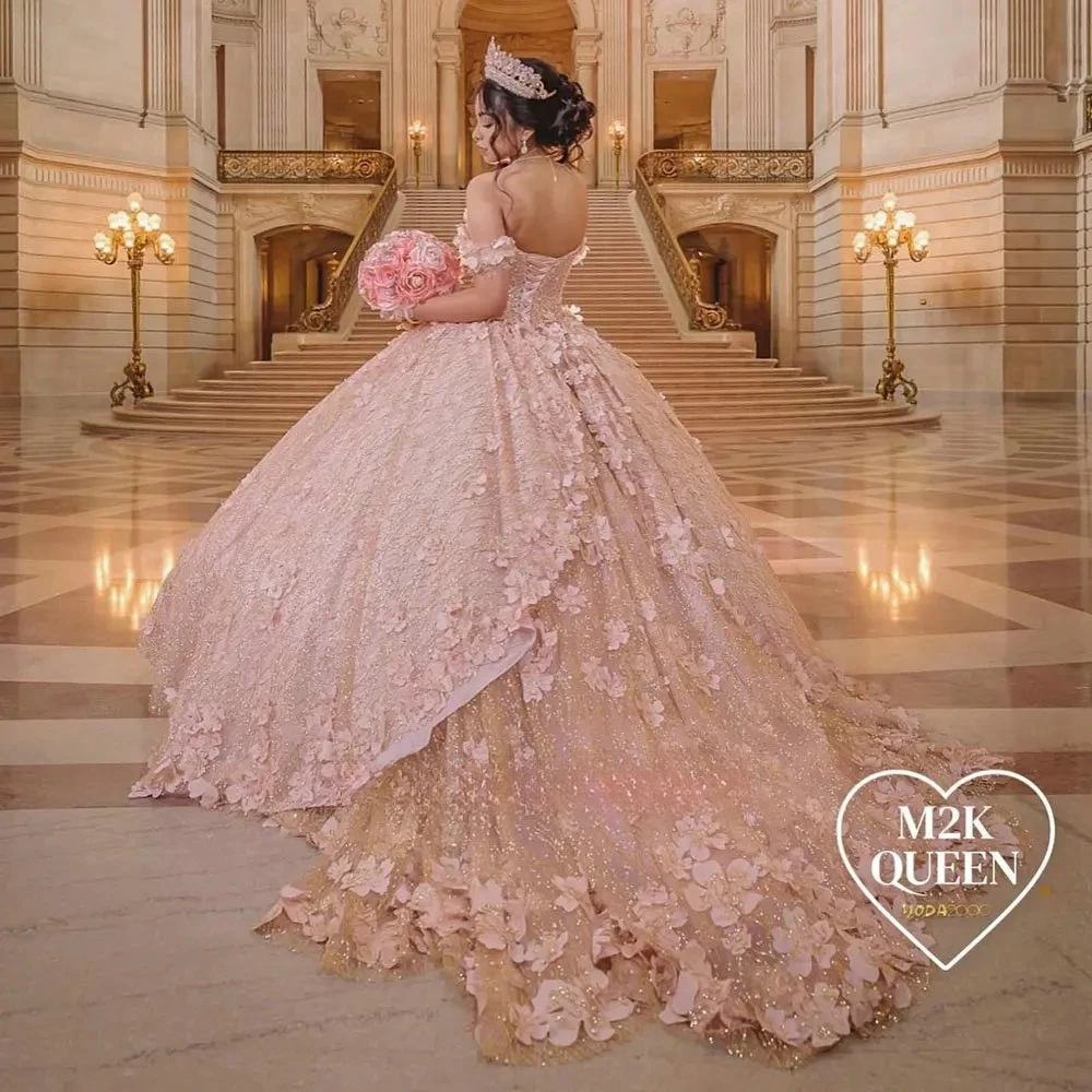 

Pink Charro Quinceanera Dresses Ball Gown Off The Shoulder Floral Sparkly Mexican Sweet 16 Dresses 15 Anos