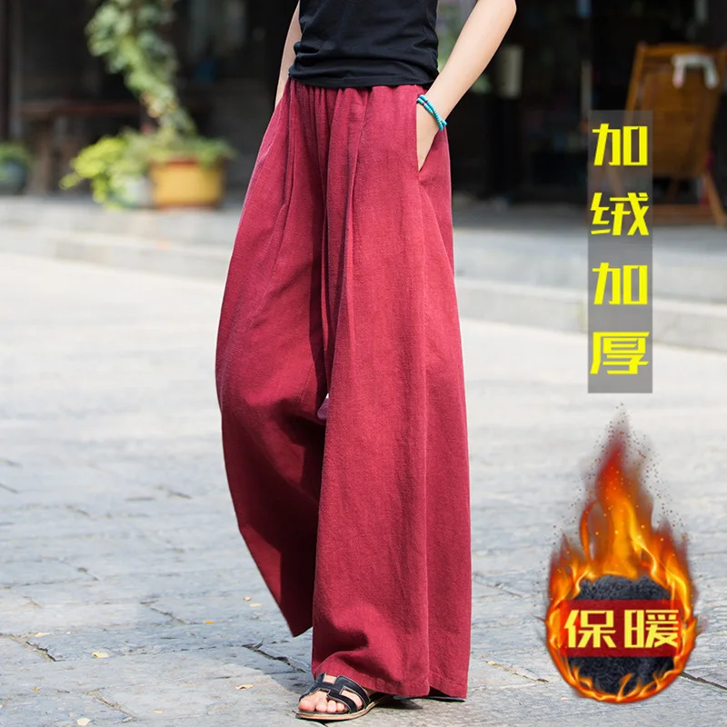 

Winter Ramie-Fleece Pants: Warm Wide-Leg Cotton Trousers for Women