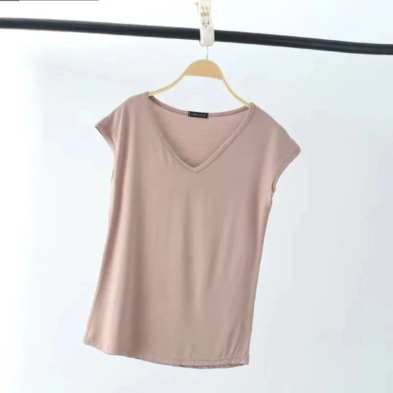 V Neck Tshirt Women summer modal Sleeveless Tee Tops Casual T-shirts Solid color Basic Top M to 2XL