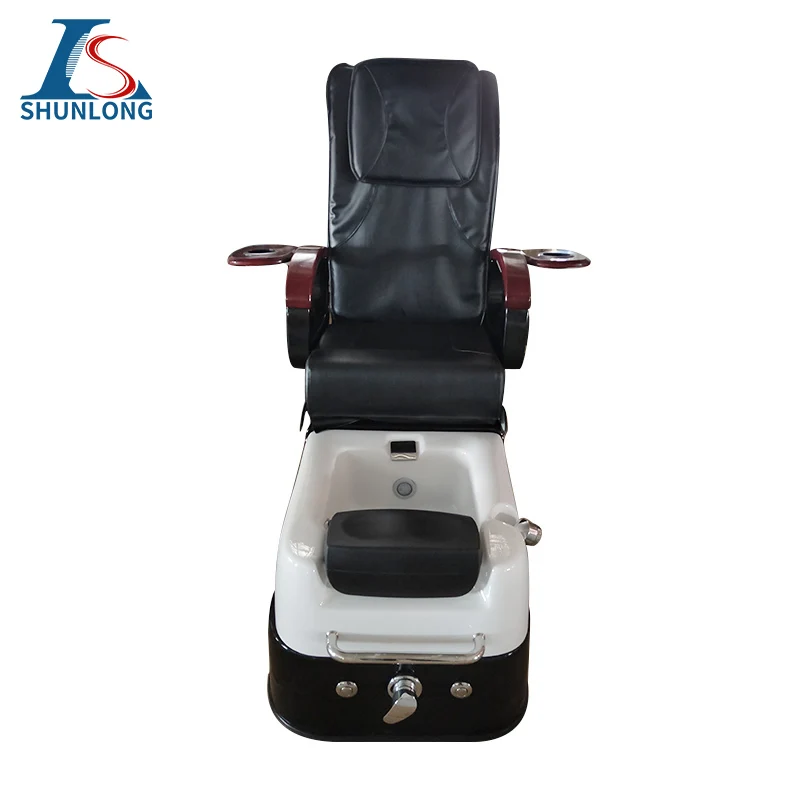 Black PU Pedicure Spa Chair, Electric Reclining Foot Massage Chair with White Fiberglass Foot Tub, Red Wooden Armrest & Cup Hold