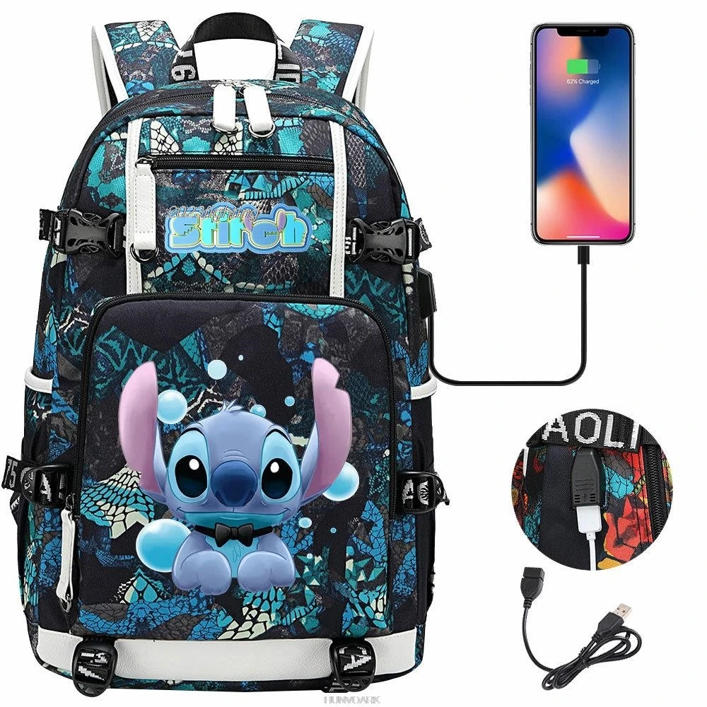 Lilo And Stitch Backpack Cartoon Disney USB Charge School Expandable School Bag Large Capacity 18inch Laptop Waterproof Mochilas