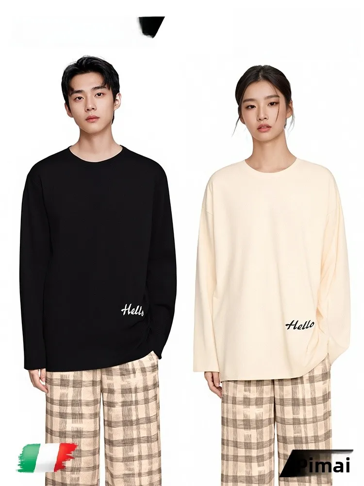 

PinkBread Pure Cotton Long Sleeve Sleepwear for Couples Spring Autumn Home Clothes Women's Style Comfortable Soft round Neck