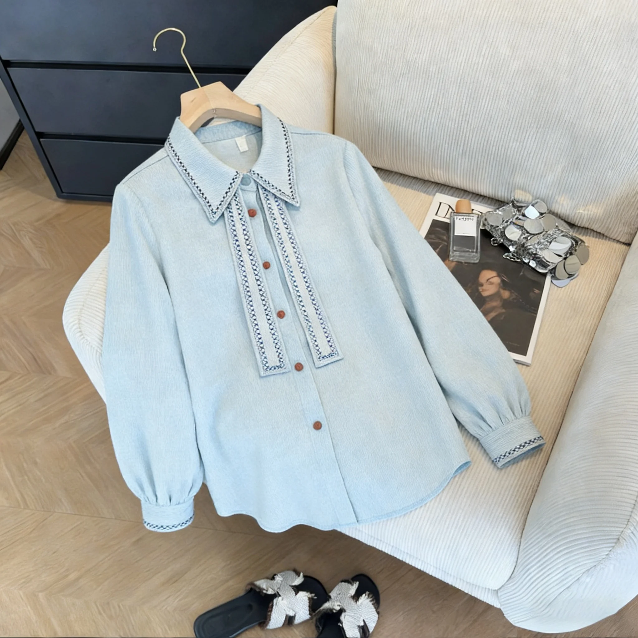 

Ele Blue Striped Long Sve irt Women's Loose Fit Casual Sle Spring Autumn Top Slimming T with Sa Faionable