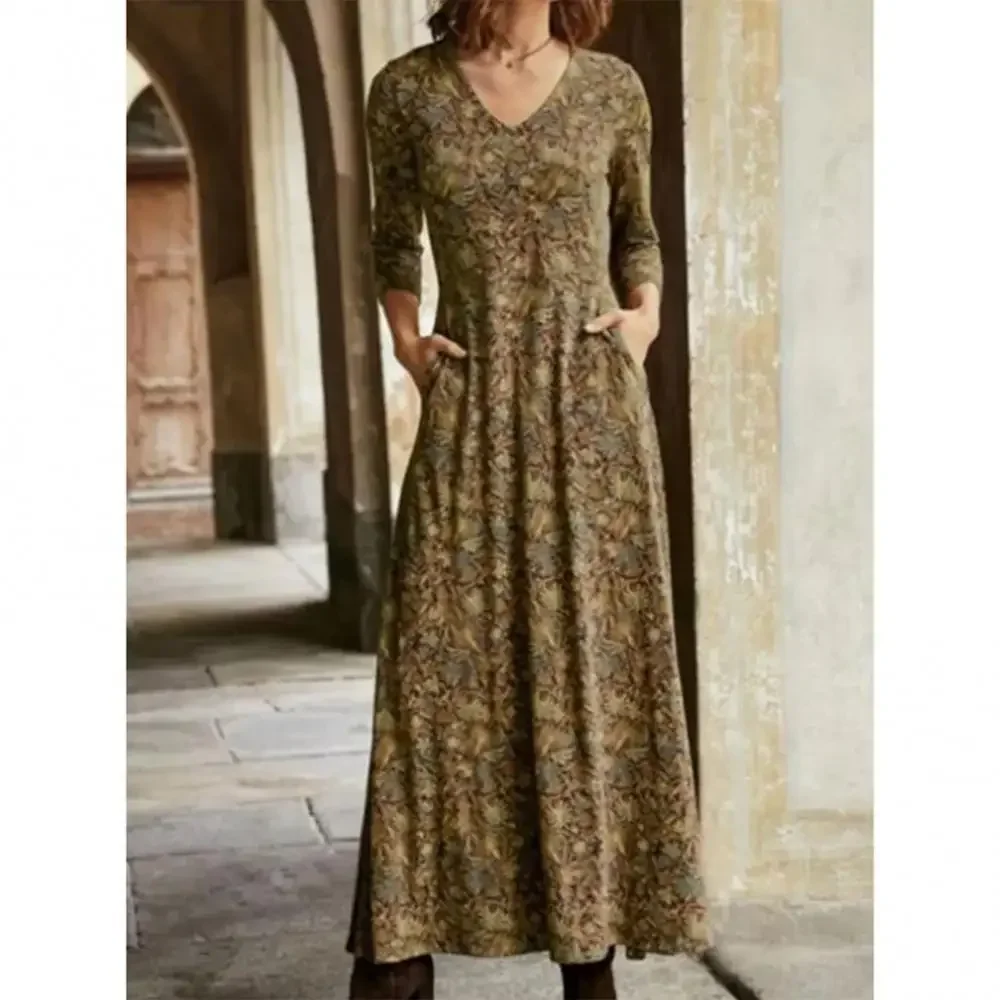 Frauen langes Kleid Blumen druck Ärmel A-Linie Herbst neue elegante Vintage V-Ausschnitt Winterkleider Boho Blumen druck Kleid