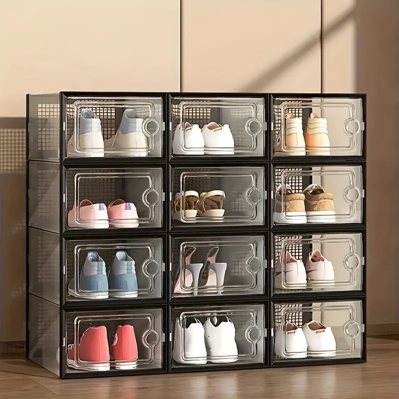 Caja de zapatos Modular de 12/24 juegos, tapa grande y ahorro de espacio, tapa apilable transparente, caja expositor de zapatillas para armario, a prueba de polvo