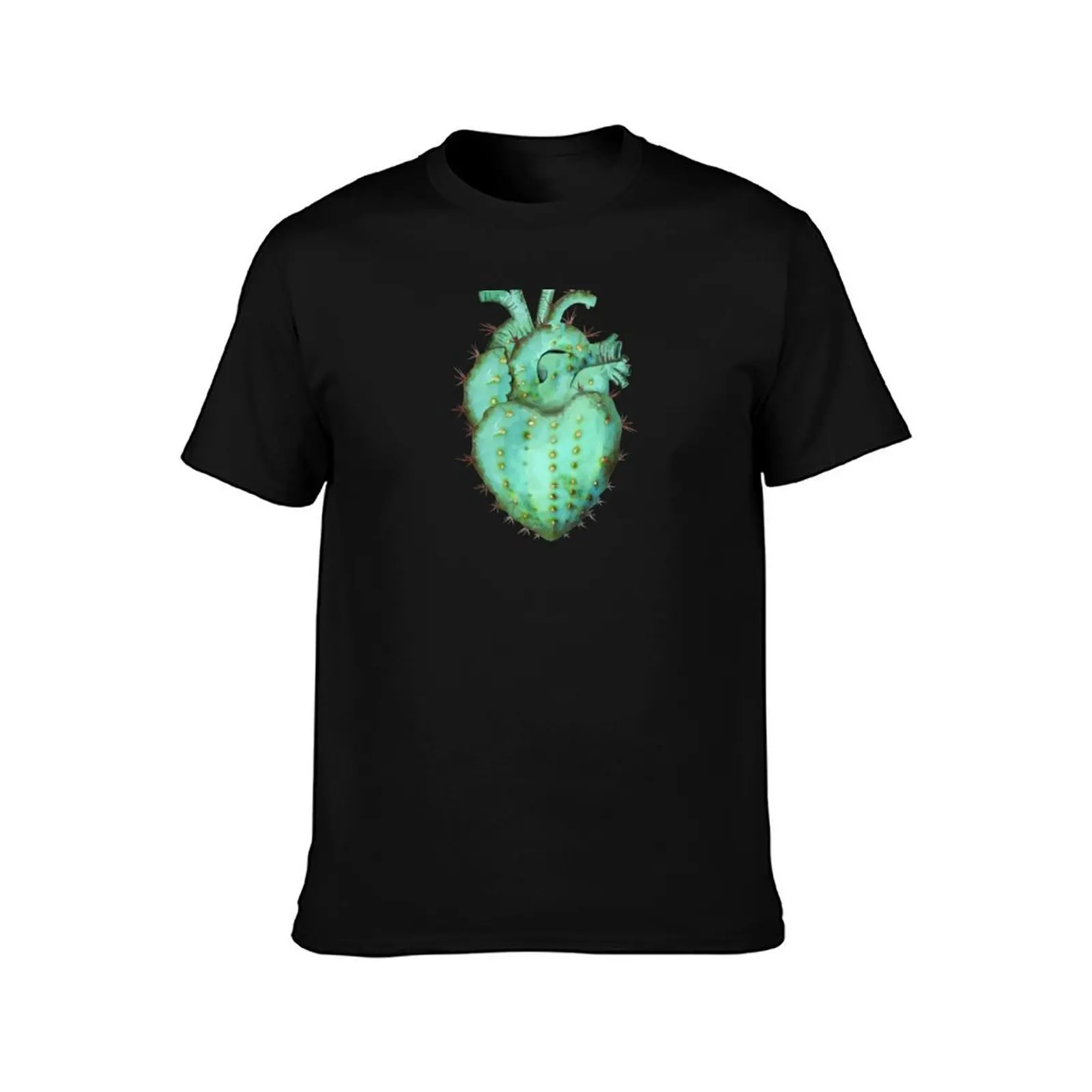 Human heart shaped cactus succulent plant with pink flower watercolor technique T-Shirt men t shirt cotton 100% T-Shirt