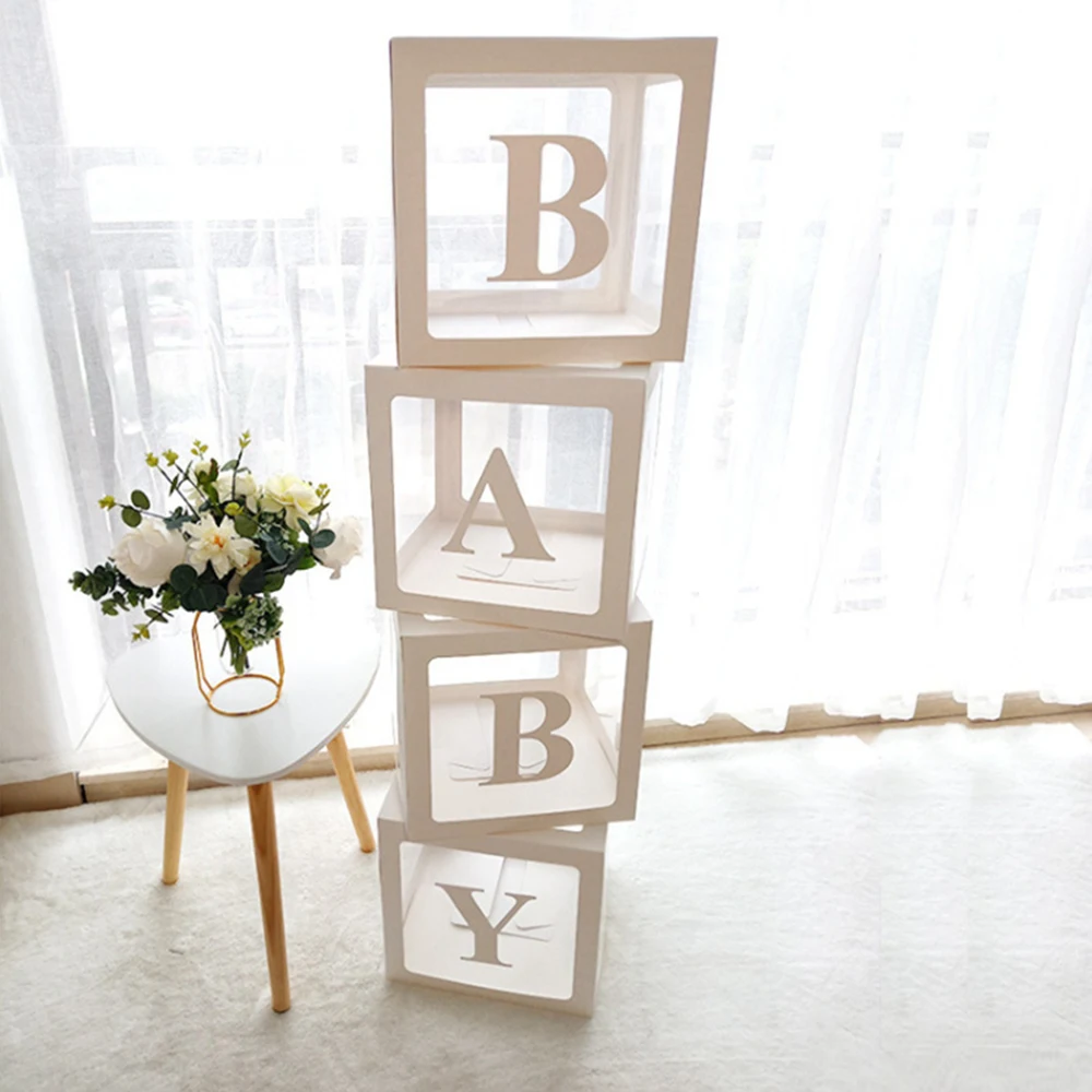 4pcs 25cm Transparent Balloon Boxes+BABY Letters, Birthday Baptism Party Decoration Gift Box,Baby Shower Decor