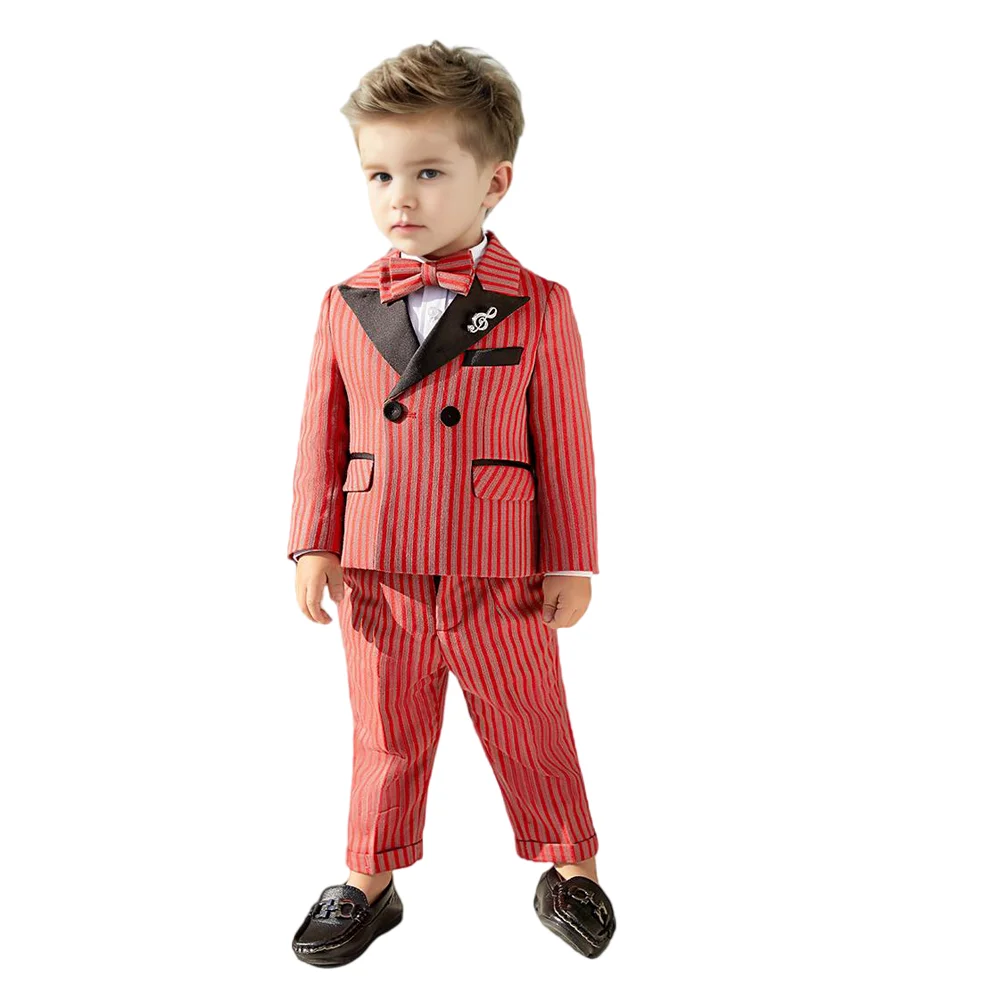 

Children's High-end Striped 4pcs Suit Set Boy Birthday Performance Photography Costume Kids Blazer Vest Pants Bowtie Outfit