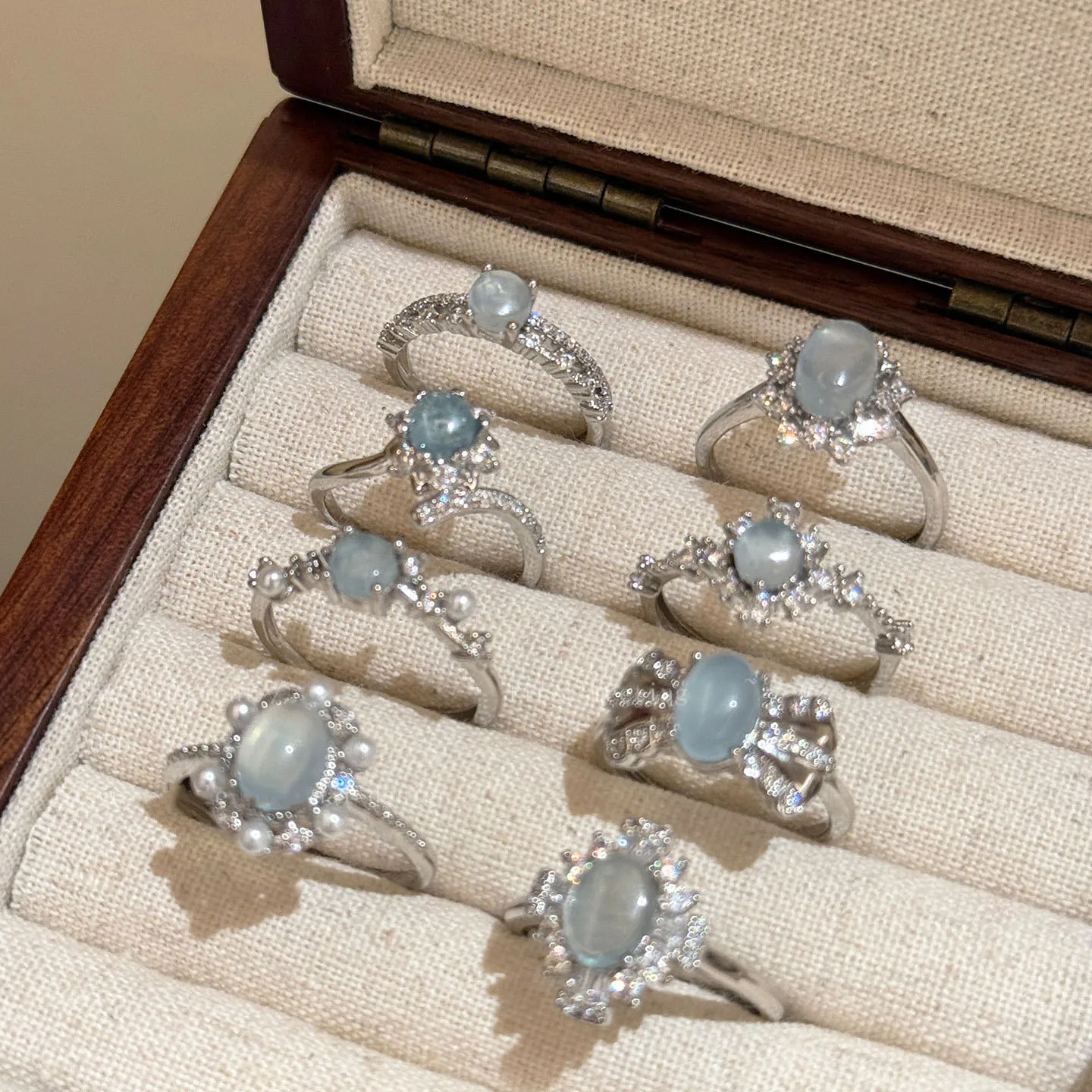 

Sea Blue Moonlight Gemstone rings for women Light Luxury Exquisite Flower Stacking Style Ring Fashion Wedding Jewelry Gift