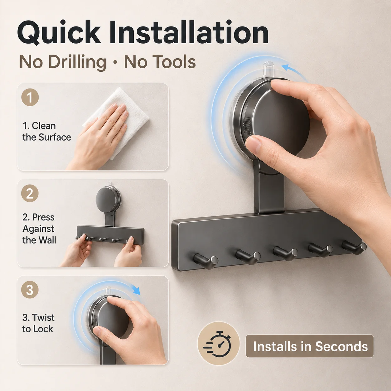 Suction Cup Wall Hook Rack No Drilling ABS Waterproof 3/5 Hooks for Kitchen Bathroom Towel Utensil Storage image 2