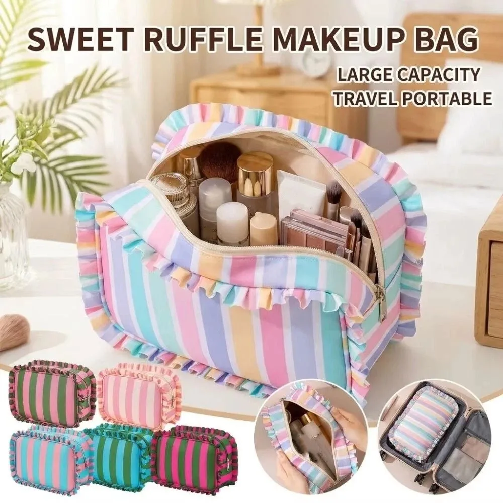 Ruffle Decoration Striped Cosmetic Bag Colorful Zip Top Women's Makeup Case Large Capacity Oxford Travel Zipper Pouch Travel Use