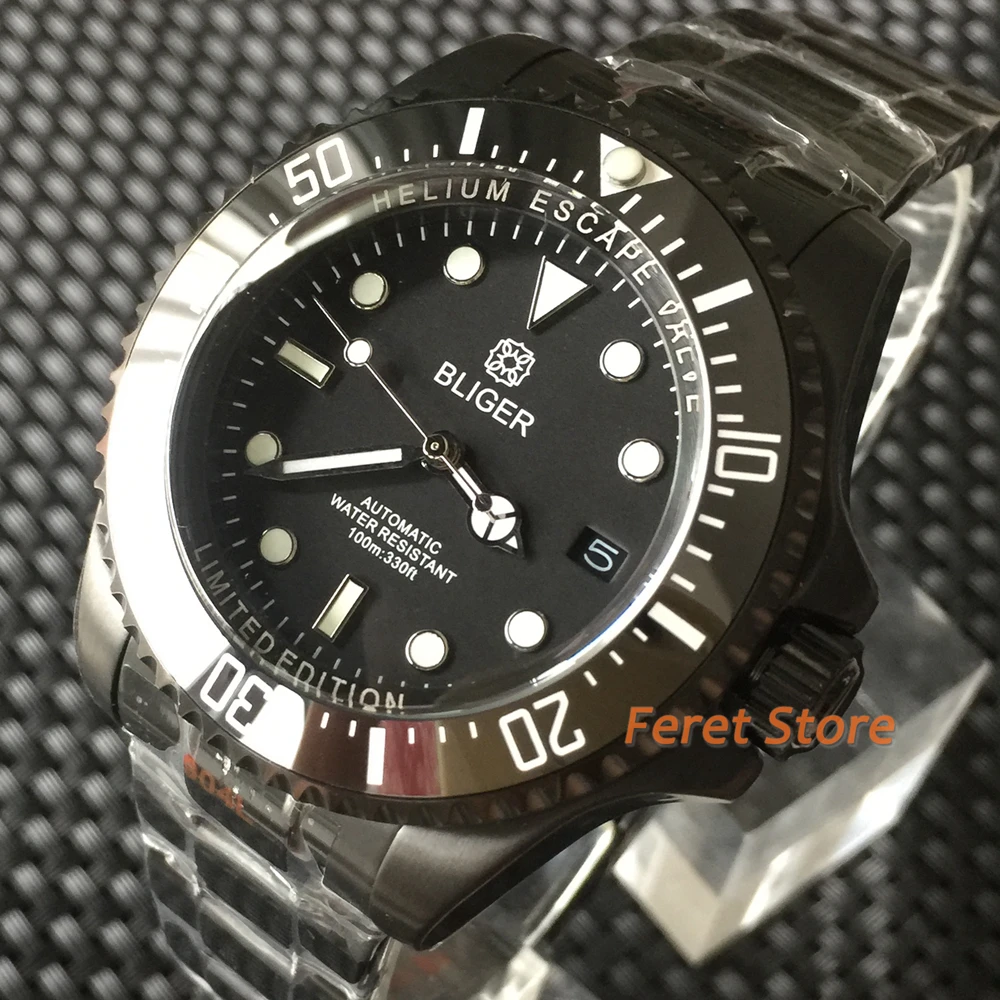 

BLIGER Black PVD Case 43mm Mechanical Men Watch Ceramic Bezel Insert NH35A MIYOTA 8215 PT5000 Sapphire Glass Oyster Strap