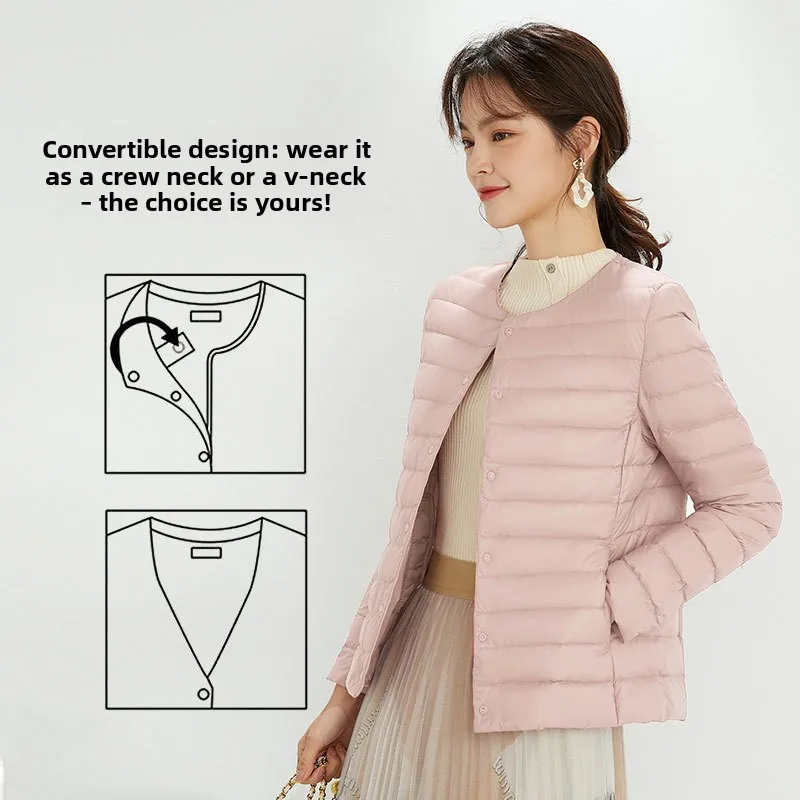 Autumn and winter light thin round neck down jacket women's V-neck liner short large size collarless inner wear bottom jacket