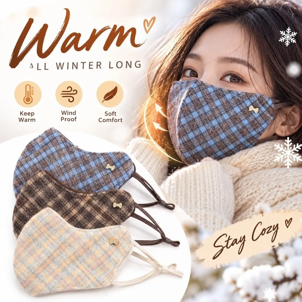 Unisex Windproof Plaid Wool Face Mask Warm Breathable Windproof Face Mask Plaid Oversized Warm Face Cover Daily Commuting