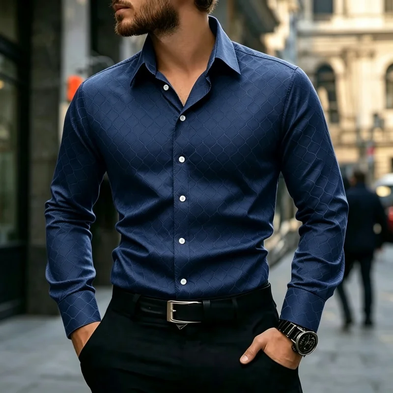 Men's shirt solid color dark grain diamond grid long sleeved shirt slim fit lapel business shirt casual top comfortable fabric