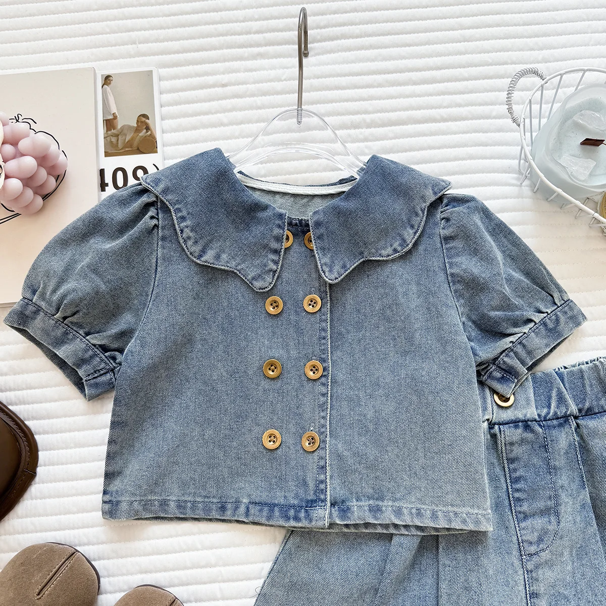 Girls' Denim Half Skirt Set Summer Kids Short Sleeve Double Breasted Cowboy Top + High Waist Slim A-line Pleated skirt