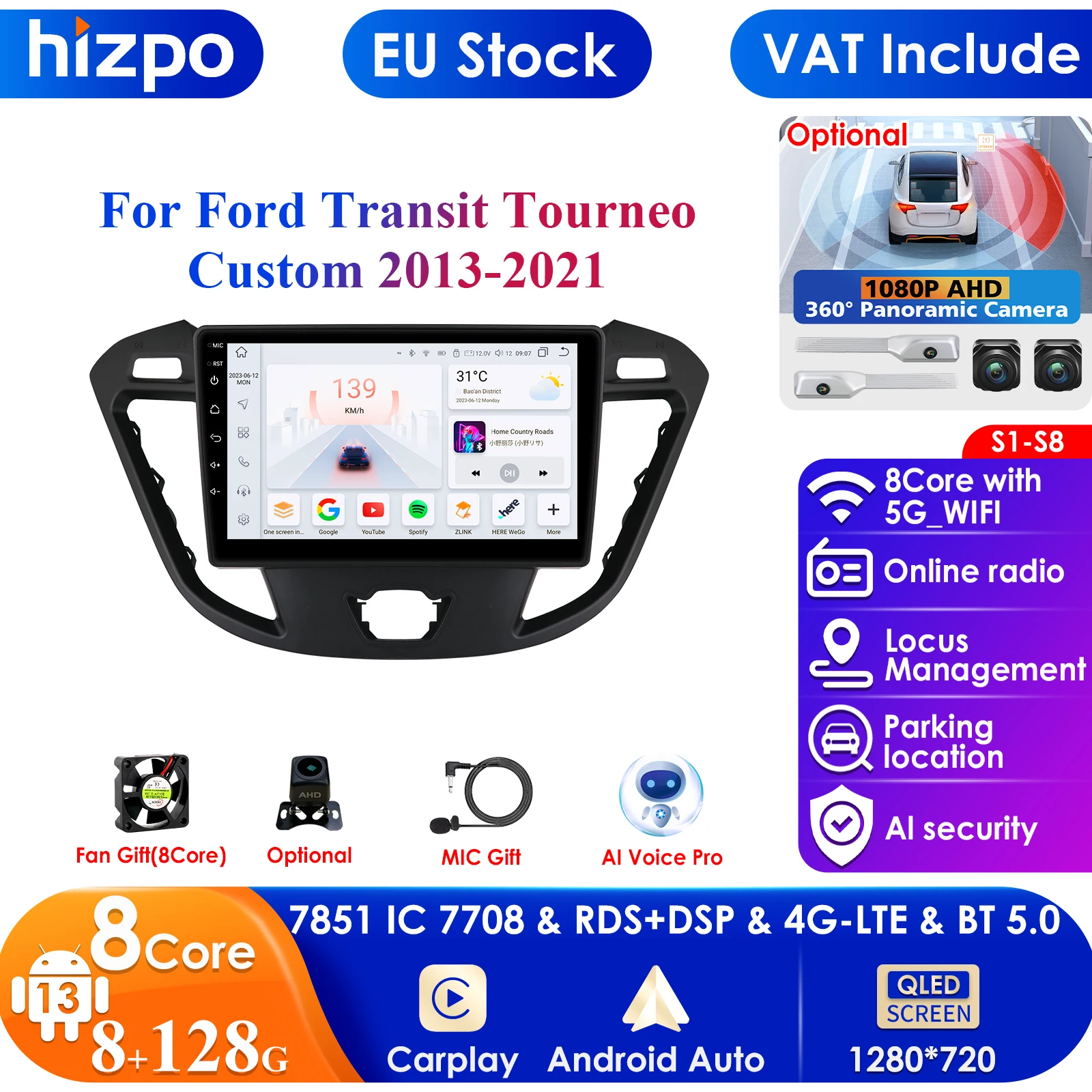 Carplay 4G-LTE 2din Android Autoradio for Transit Tourneo Custom 2013-2021 Car Radio Multimedia Video Player GPS Navi Head Unit