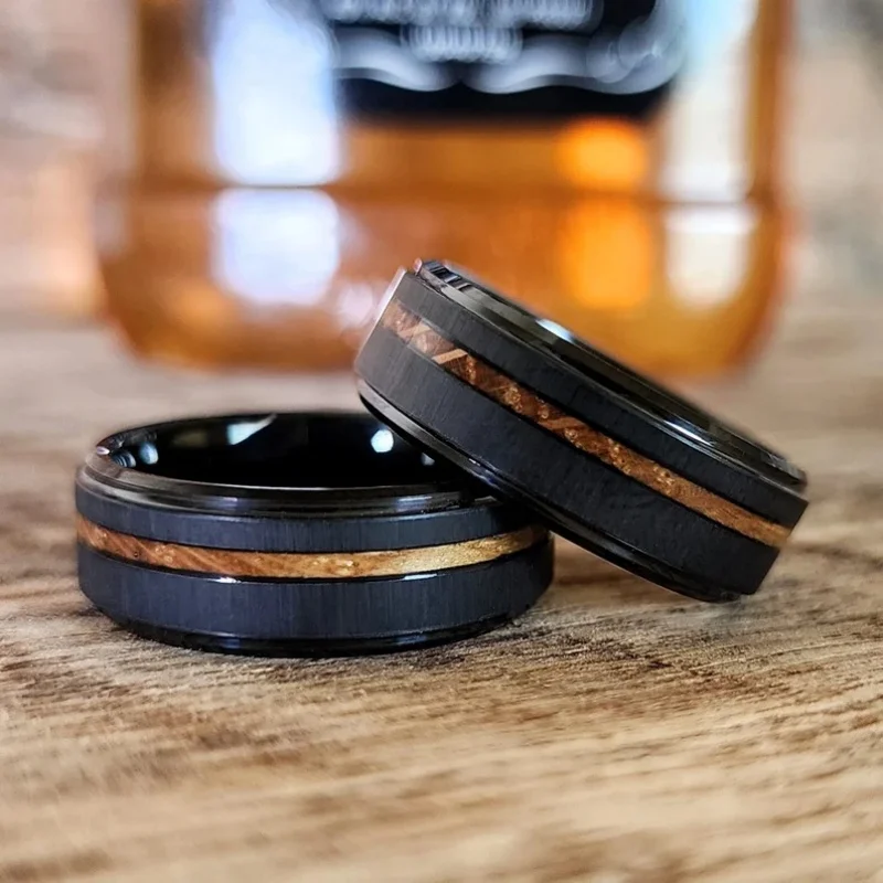 Tungsten and Wood Inlay Man Ring, Black Whiskey Barrel Ring, Mens Wedding Band, Wood Wedding Band or Promise Ring