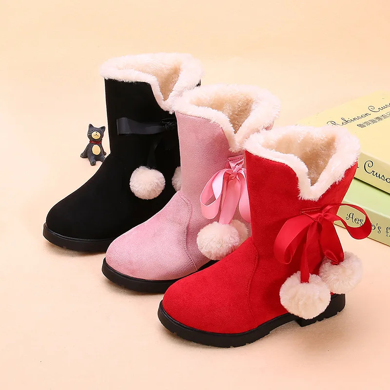 2026 Winter New Fashion Children Princess Boots Solid Color Girls Warm Boots with Bow Kids Snow Boots with Fur Plush