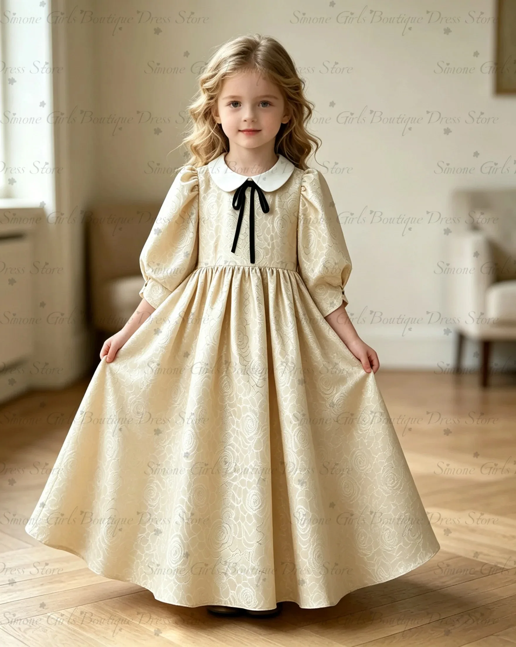 Großhandel Rosé Mädchenkleid mit Goldenen Puffärmeln Elegantes Blumenmädchenkleid für Hochzeitszeremonien Formelle Feiertagsfeierlichkeiten Maßanfertigung – Detail 5