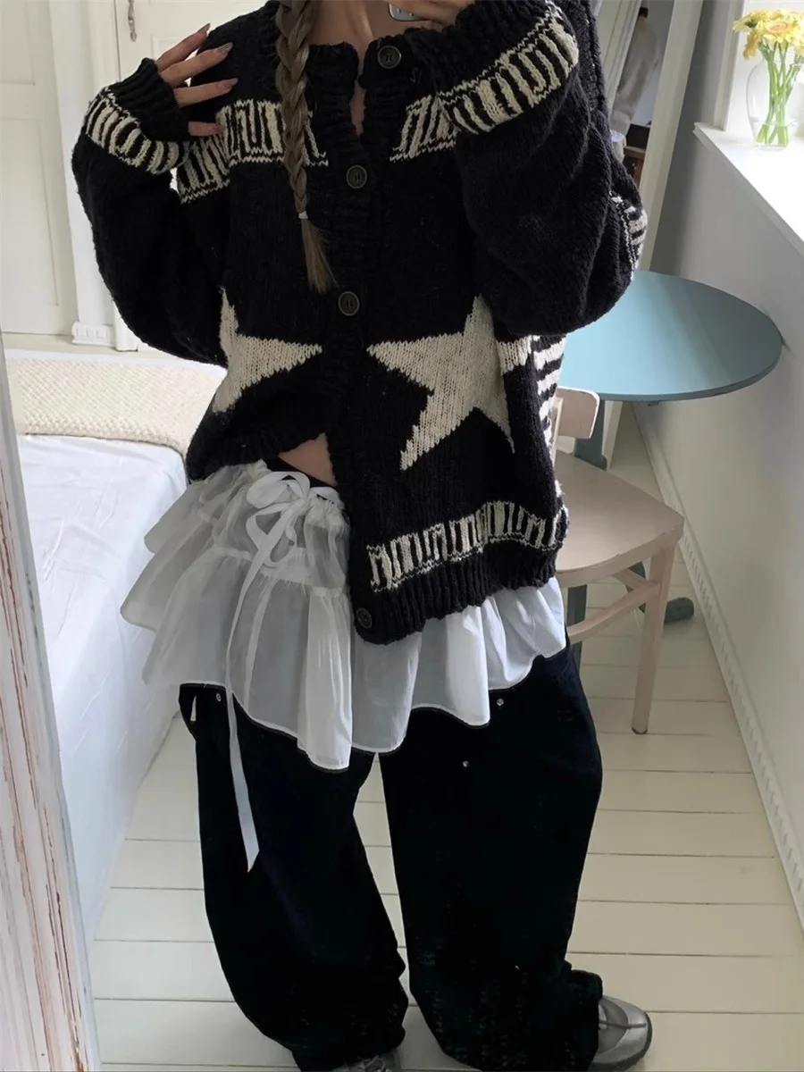 

Двусторонний вязаный свитер со звездами Jaet, повседневный свободный винтажный свитер для поездок на работу, корейская версия, длинное круглое пальто Ne