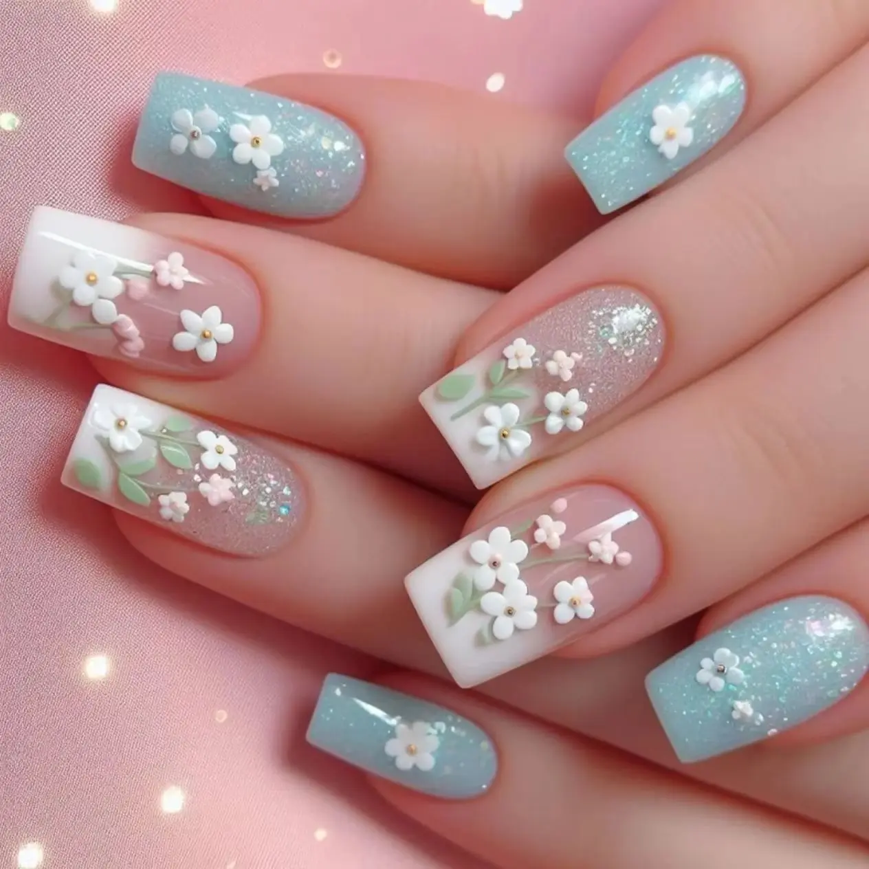 

Light Blue White Fresh Flower Glitter Powder Square False Nails Art Long Ballet Fake Nails Rhinestone Press on Nails Charms Tool