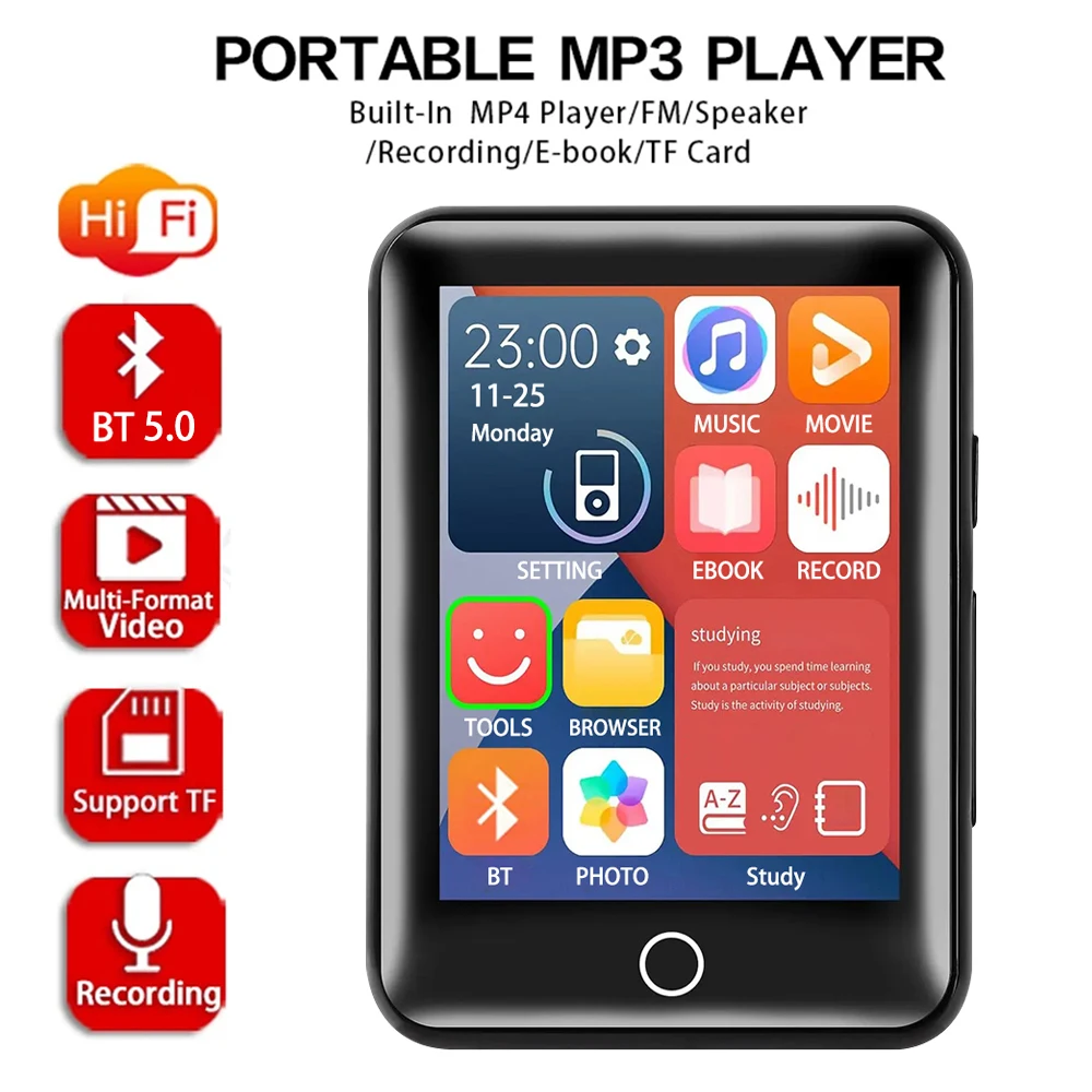 2.5 Inch Full Screen MP3 Bluetooth 5.0 For Walkman Student Version Mini Portable MP3 Music Player Built In Speaker Support Card