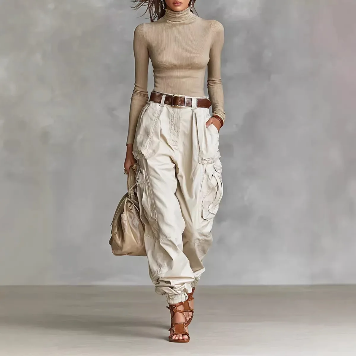 2026 New Women's Solid Color High Waist Multi Pocket Loose Cargo Long Pants Streetwear Versatile Casual Commuter Female Trousers