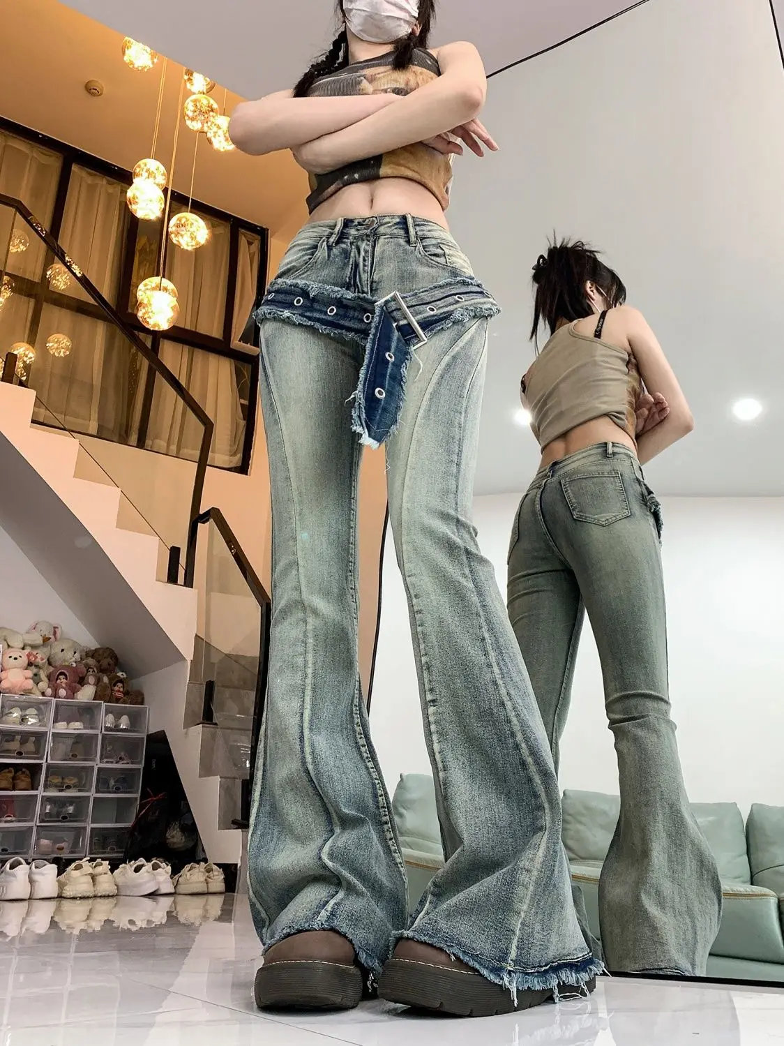 Calça feminina de cintura alta com fundo de sino, calça simples, selvedge áspero, moda e vintage, rua americana, nova, primavera, 2022