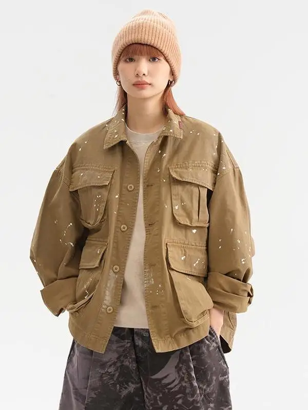 

Ретро-японская куртка с эффектом карбоновых брызг краски, удлиненная, свободного кроя, модная, для мужчин и женщин