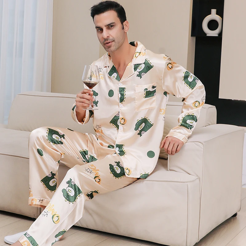 Men's pajamas long sleeves summer ice beautiful home clothes men's spring and autumn casual thin cardigan can wear out two suits