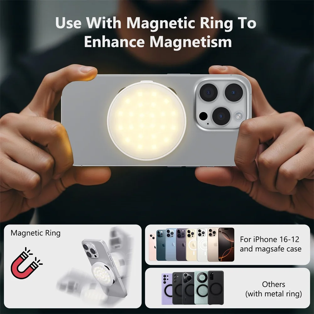 

VRIG Magnetic Fill Light 2500K-9300K Stepless Adjustment of Brightness LED Phone Light for iPhone 17 -12 Phone Video Photography