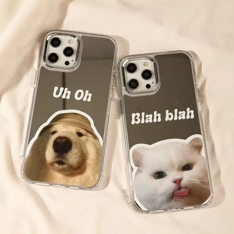 2023 Shockproof Makeup Mirror Phone Case For iPhone15 14 13 12 11 Pro Max XS XR X 7 8 Plus Cover Cute Little Cat And Dog Pattern