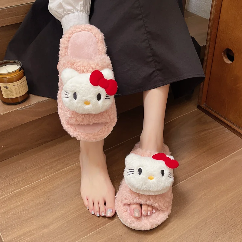 Sanrio Hello Kitty High-value cute fluffy slippers women's autumn and winter new versatile fashion warm home cotton slippers