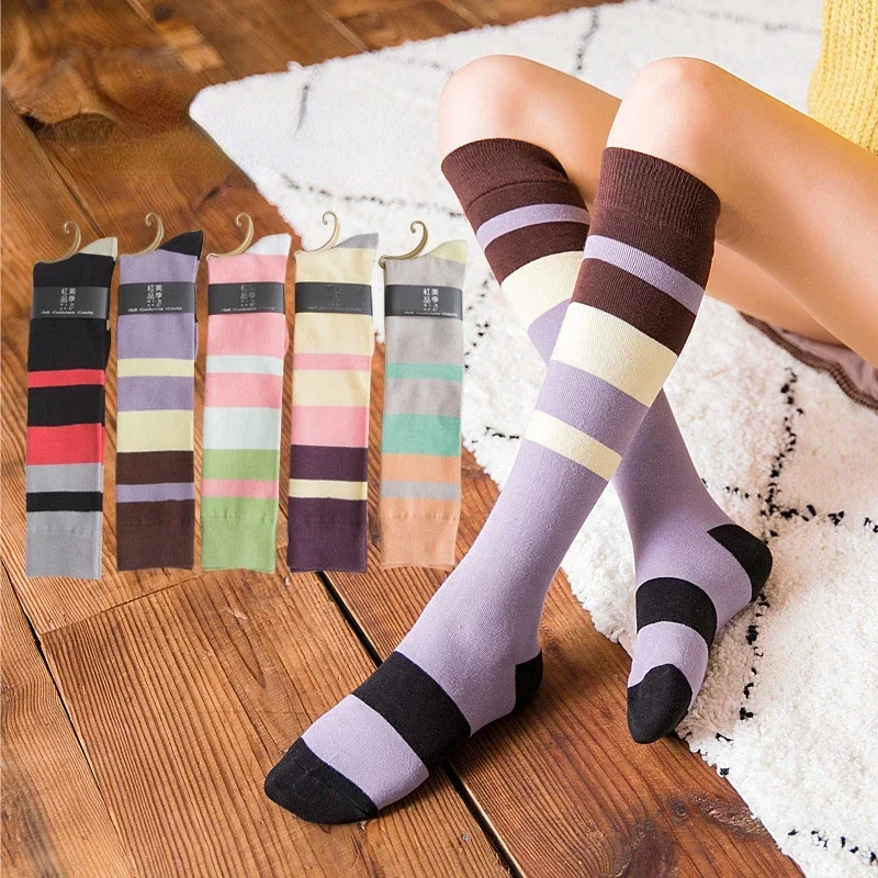 Long Knee High Socks Stockings Women Girls Solid Color Striped Cotton Casual Sport Warm Calf Socks Korea Fashion Japanese Style