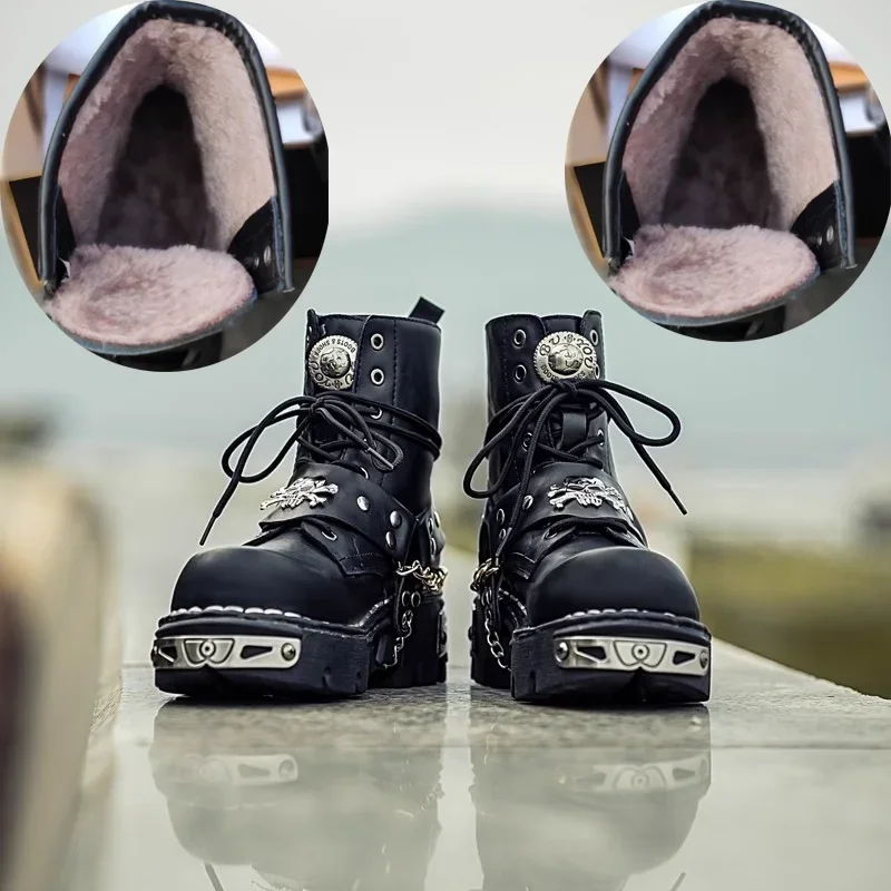 Men's Fashion Genuine Leather Motorcycle Boots,Punk Goth Skull Mid-calf Metal Chain Western Chelsea Boots Platform view 5