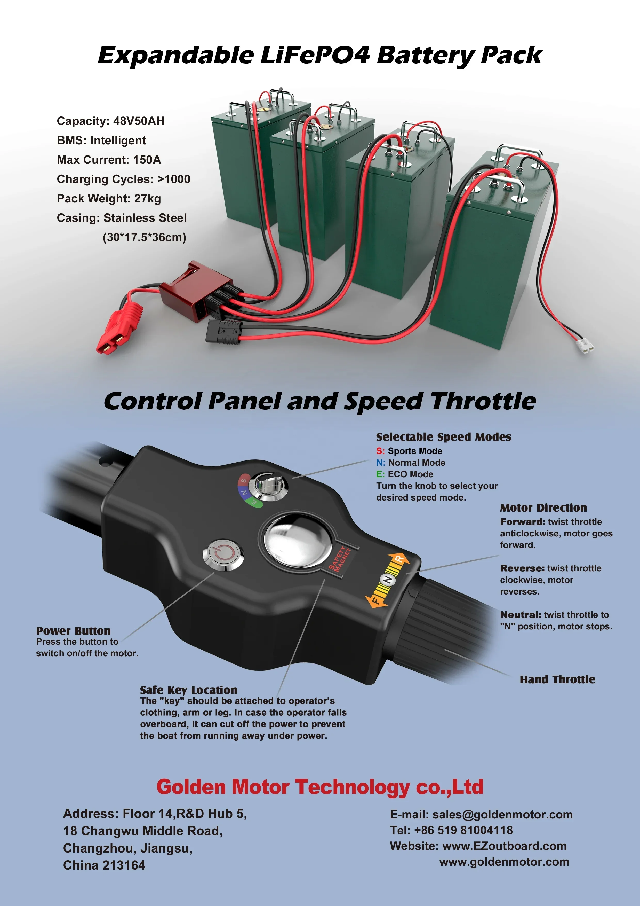 EB-4850 Bateria de barco elétrico expansível LiFePO4 externa 48V 50AH