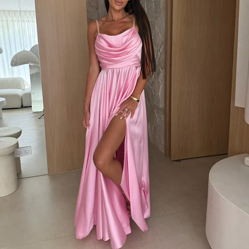 

LIBIELIY Summer Elegant Split Backless Swing Satin Dress Fashion Hight Waist Solid Slim Long Dress Lady Sexy Off Shoulder Suspe