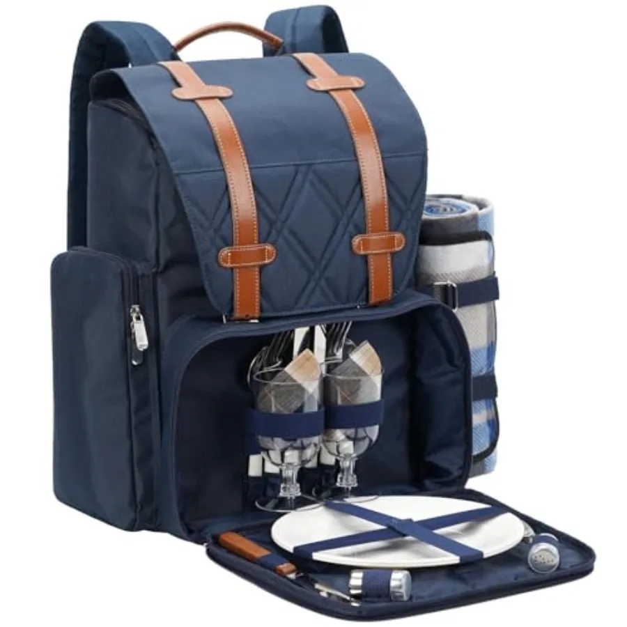 

Рюкзак для пикника на 2 человек с большой термосумкой, набор для пикника с сумкой для вина, водонепроницаемое одеяло для пикника, столовые приборы