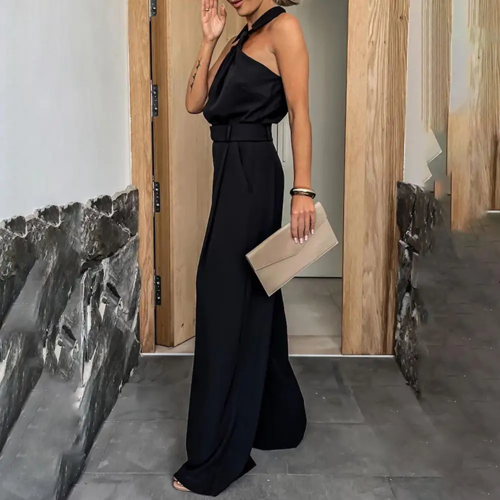 Wide Leg Summer Women Jumpsuit Halter Neck Lapel Off Shoulder Jumpsuit Back Zipper Closure High Waist Vacation Beach Jumpsuit