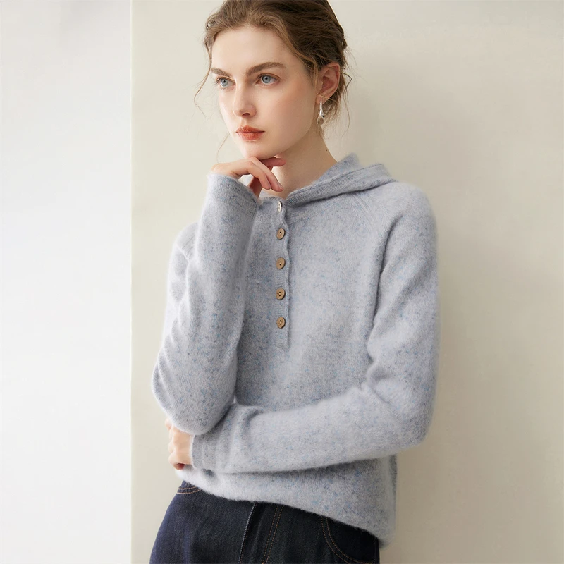 Autumn and winter new women's cashmere sweater hooded sweater loose knit base pullover sweater thick top versatile slimming wool