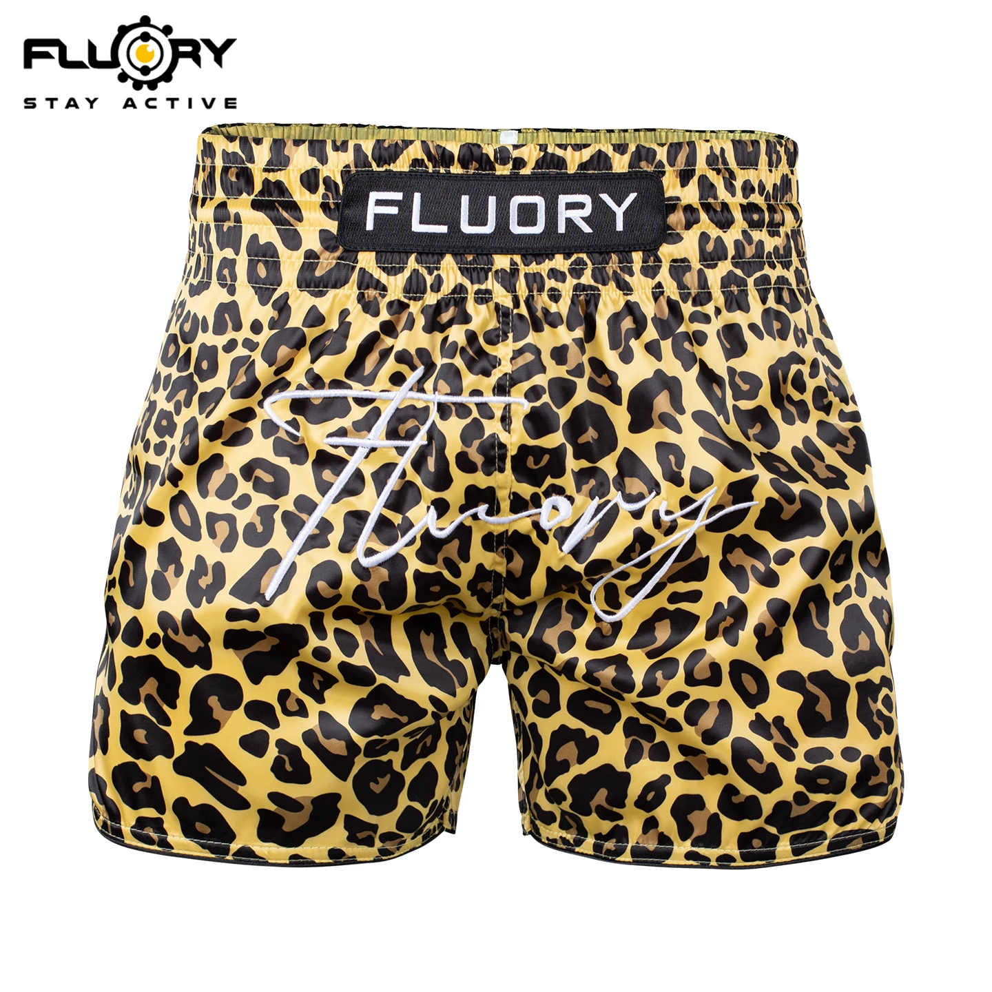 

FLUORY Muay Thai shorts with gold leopard print embroidery comfortable boxing training, casual sports pants, and boxing shorts