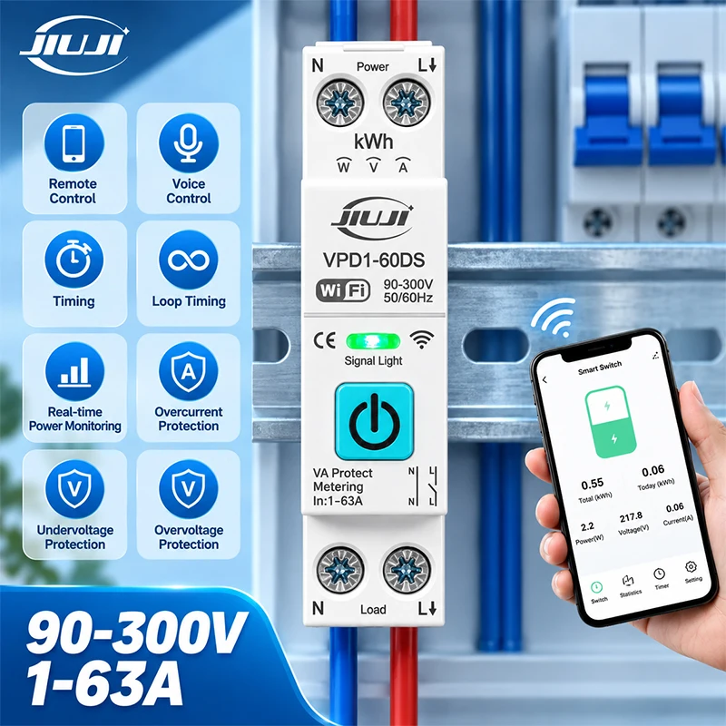 Smart WiFi DIN Rail Switch 1P Tuya APP Remote Control Circuit Breaker Energy Monitoring Timer Overvoltage Undervoltage Protectio