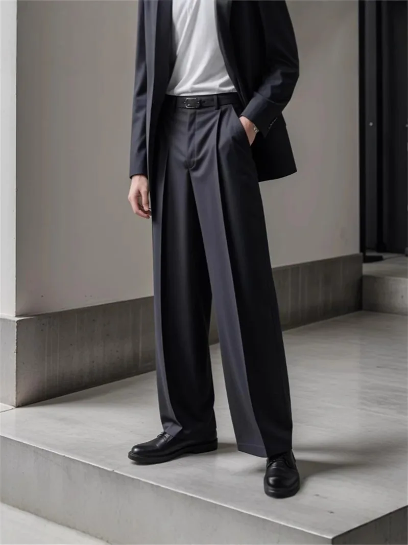 

Men's Fashion Street Style Wide Leg Suit Pants Quality Mid Waist Straight Cut Urban Casual Trousers for Youth