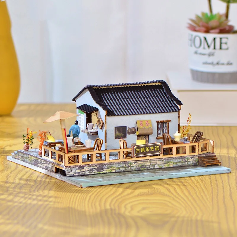 

OUZEY 3D Wooden "Ancient Town Teahouse" DIY Model Kit: Handmade Assembly Craft for Teens - Cultural Desk Decor & Gift Box