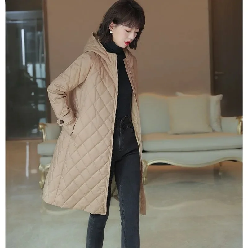 Abrigo elegante a cuadros con capucha para mujer, Parka larga, versátil, delgada, de algodón, Color sólido, a la moda, Otoño e Invierno