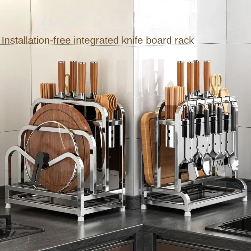 

Multifunctional Kitchen Rack with Drainage and Knife Holder - Stainless Steel Utensil Rack