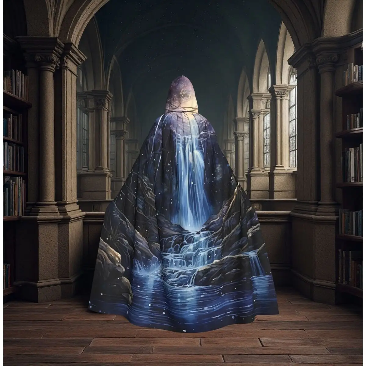 

Magical Waterfall And Glowing Fairy Design Long Hooded Cloak Witch Medieval Costume Cosplay Cape HalloweenVampire Adult Unisex